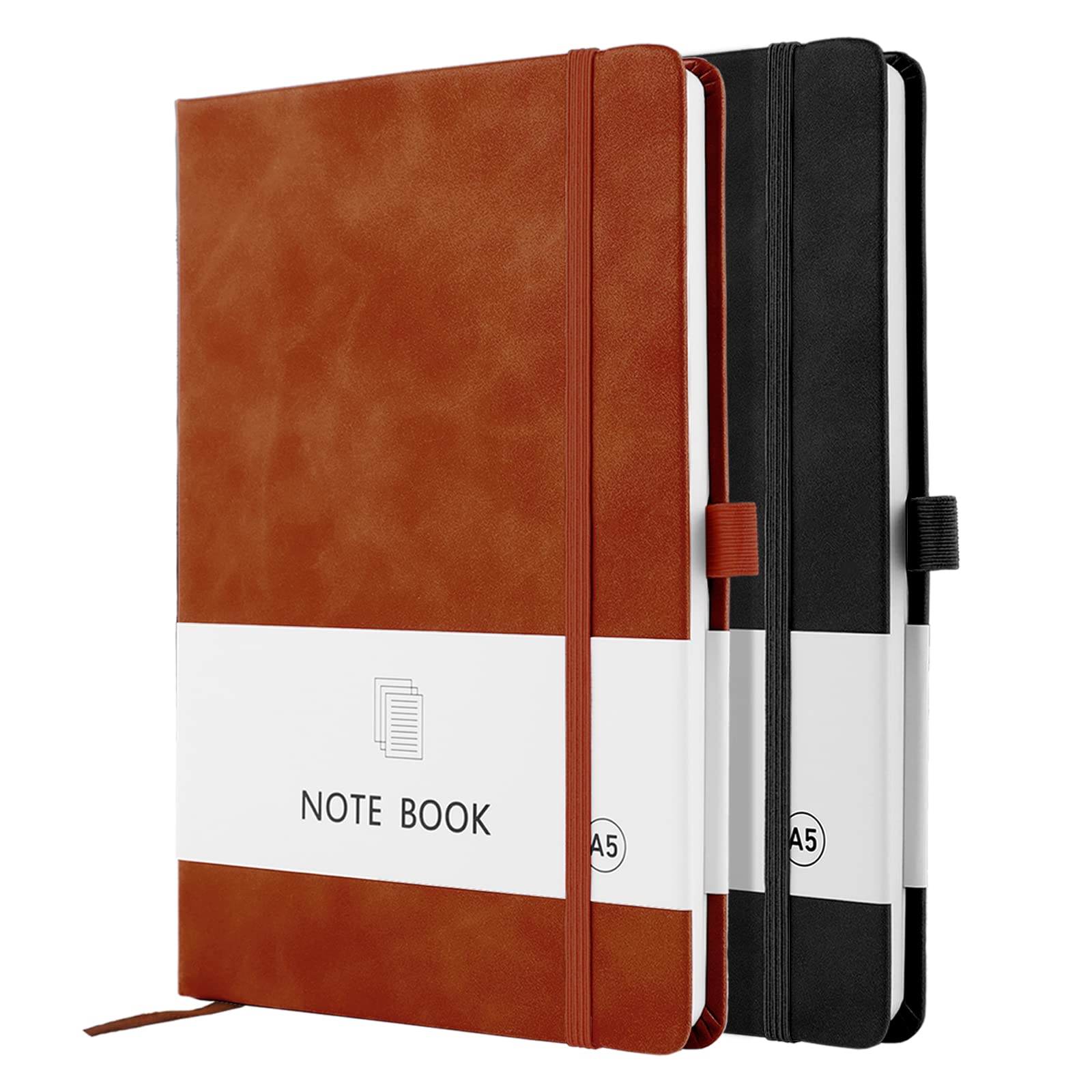 A5 Notebook, 2 Pack Notebook A5 200 Pages 100 GSM Journal Notebook Hardback Notepad with Bookmark, Pen Loop, and Elastic Closure (Black+Brown)
