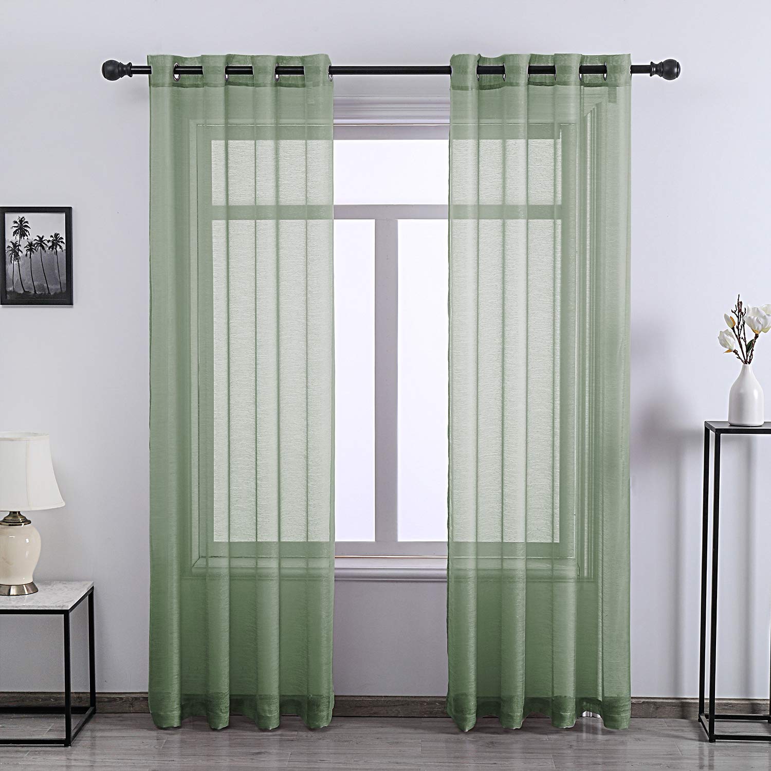 Photo 1 of 108 Inches Long Sheer Curtains Grommet 2 Panel Faux Linen Voile Drapes Textured Sheer Curtains for Living Room Bedroom,Sage Green