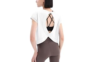 Loovoo Women's Open Back Workout Crop Tops Short Sleeve Yoga Shirts Cute Athletic Running Casual Backless Top Loose Fit