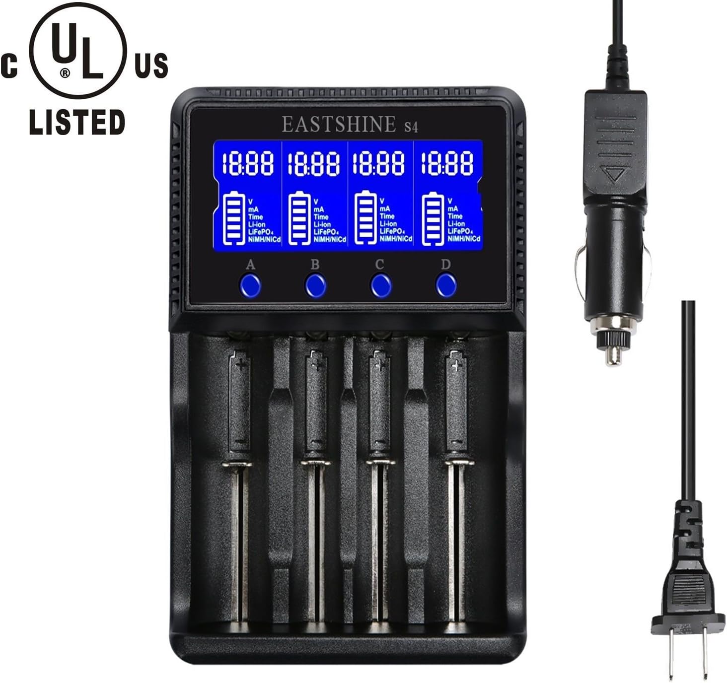Universal Smart Battery Charger 4 Bay for Rechargeable Batteries Ni-MH Ni-Cd AA AAA C Li-ion LiFePO4 IMR 18650 26650 14500 16340 18500 10440 18350 17670 RCR123a with Car Adapter LCD Display UL Listed: Home Audio & Theater