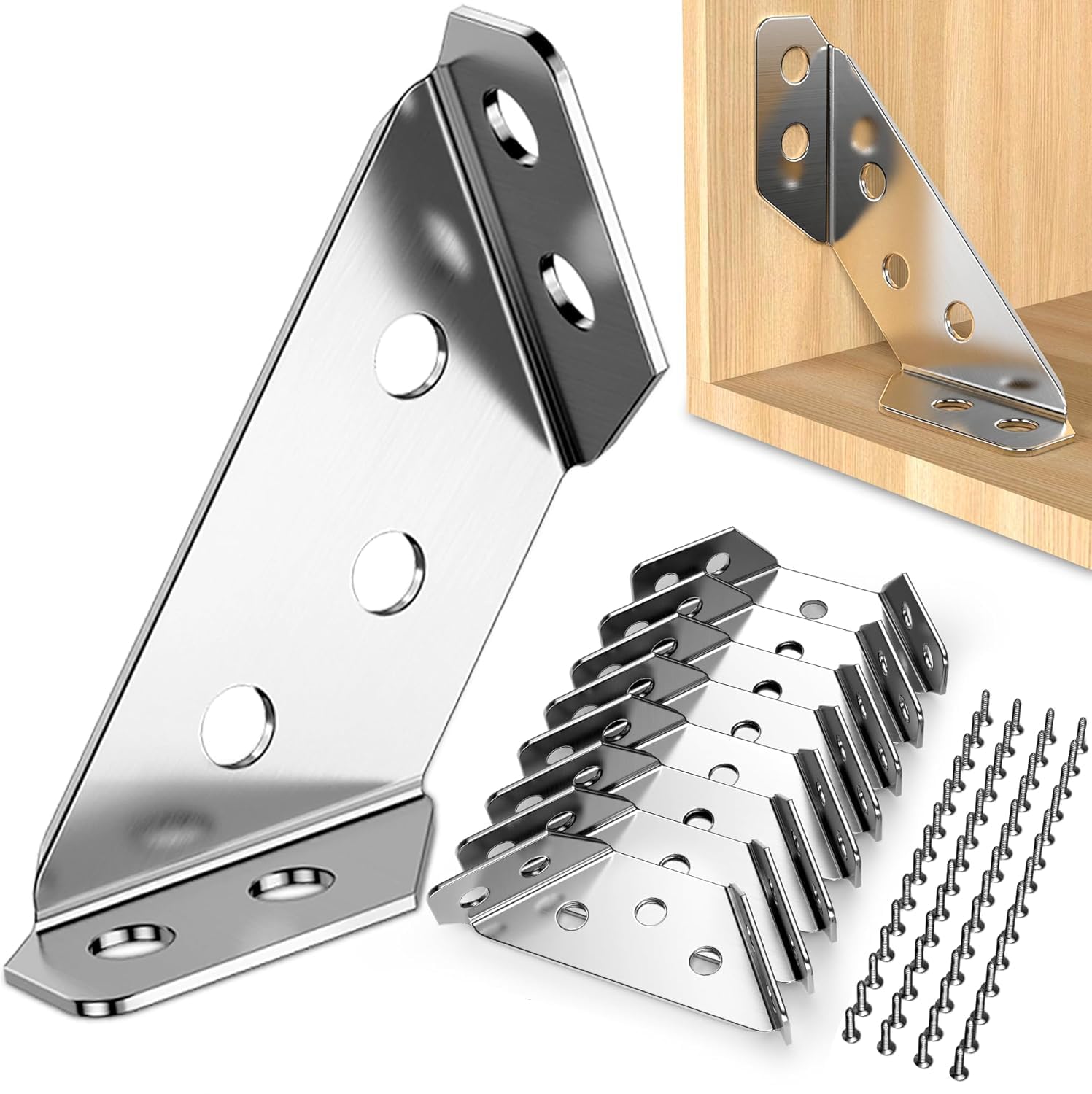 12 Pcs Stainless Steel Corner Connector, Triangle Angle Brackets for Wood, Furniture Bracket With Screws, Support Fixed Brace for Shelf Cabinet Table Chair Desk