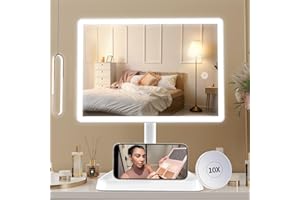 FUNTOUCH Rechargeable Makeup Vanity Mirror with Lights, Large Lighted Desk Makeup Mirror with 96 LED Lights and 10x Magnifying Mirror, 3 Color Lighting, Light up Make up Mirror with Phone Holder