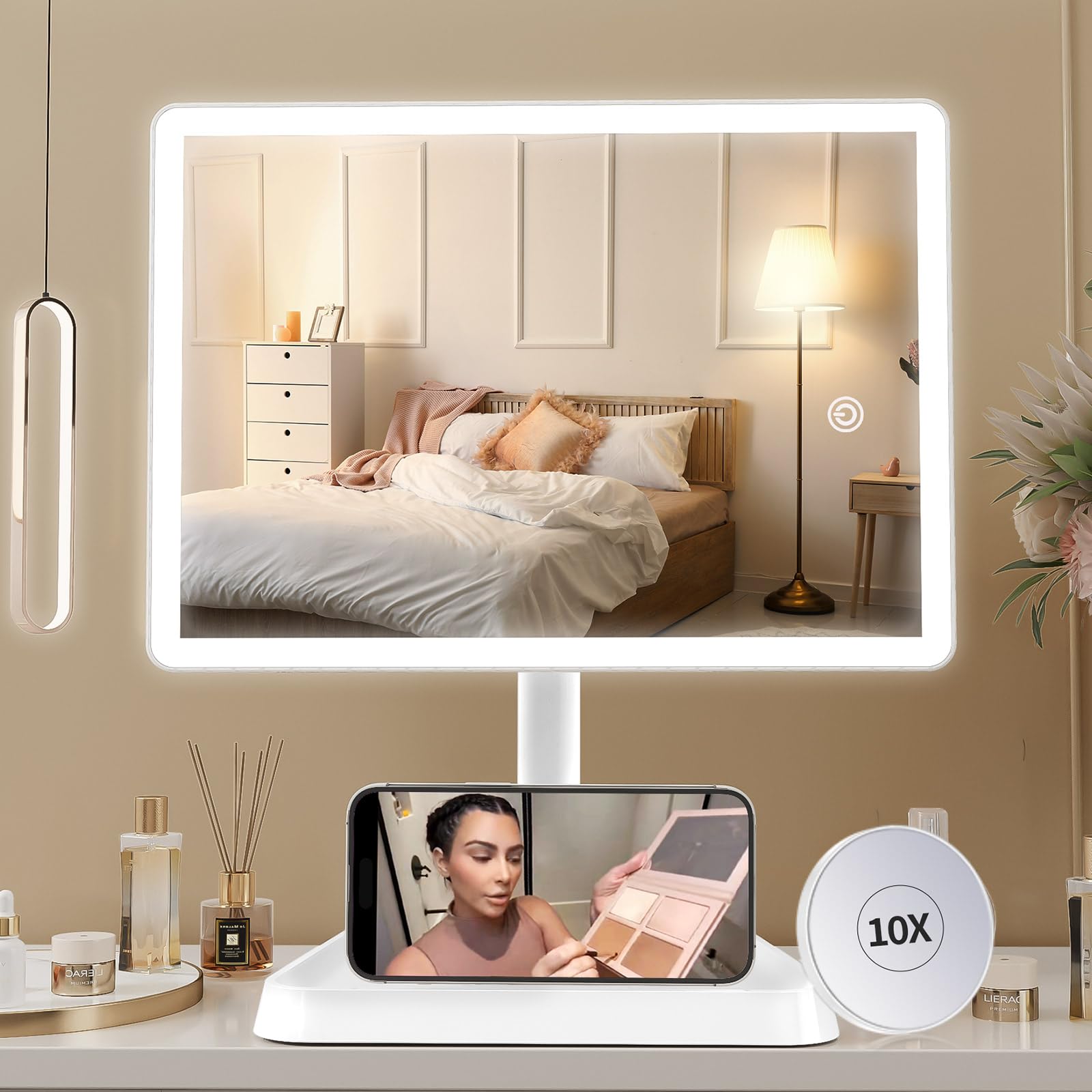 Photo 1 of FUNTOUCH Rechargeable Makeup Vanity Mirror with Lights, Large Lighted Desk Makeup Mirror with 96 LED Lights and 10x Magnifying Mirror, 3 Color Lighting, Light up Make up Mirror with Phone Holder