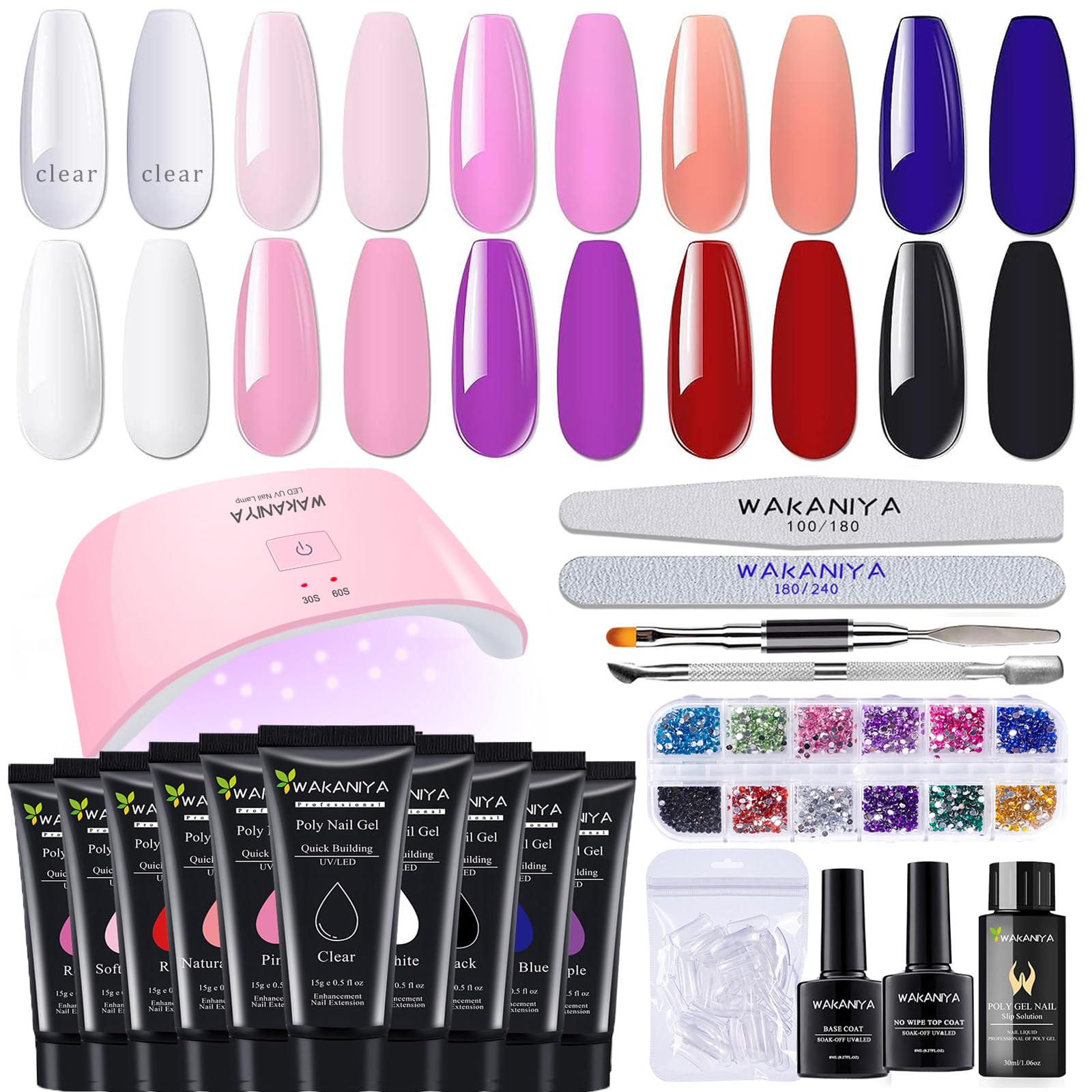 Nail Kit with UV Lamp, 10 Colours Quick Nail Extension Builder Gel Enhancement Easy Poly Nail gel Kit for Beginners and Technician DIY Rhinestone Decor, French Ombre Nails Art