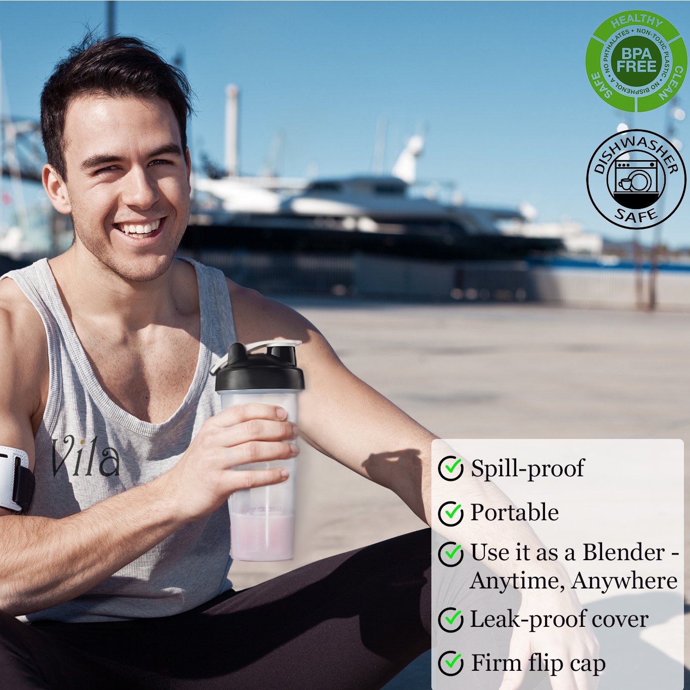 Vila Blender Bottle: Perfect for smoothies, protein blends and more: Stainless steel blender ball inside: Leak-proof, dishwasher safe and BPA-free: Embossed Ounce and Milliliter markings