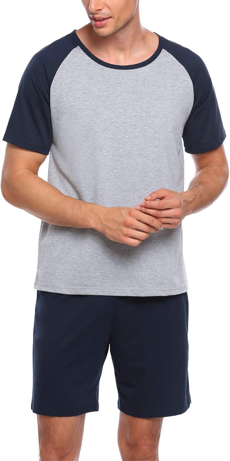 Ekouaer Men’s Sleepwear Short Sleeve Pajamas Set Raglan Top and Shorts Soft Lounge Set: Clothing