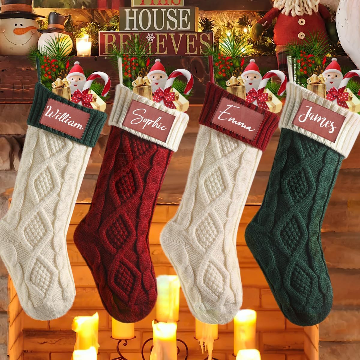 Stockings & Holders - Novgarden Personalized Christmas Stocking with Name, 18”Large Knitted Christmas Stocking, Red Xmas Fireplace Hanging Stockings for Christmas Decorations(Ivory,Burgundy,Green)