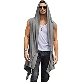 COOFANDY Men's Long Hooded Cardigan Sleeveless Ruffle Shawl Collar Lightweight Open Front Drape Kimono Vest