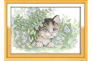Funcrostitch Counted Cross Stitch Kits for Beginners,14ct Unprinted Pattern Embroidery Kit Dmc Cotton Threads Needleworks for Adults-The Cat and The Butterfly 8.3"X10.2"