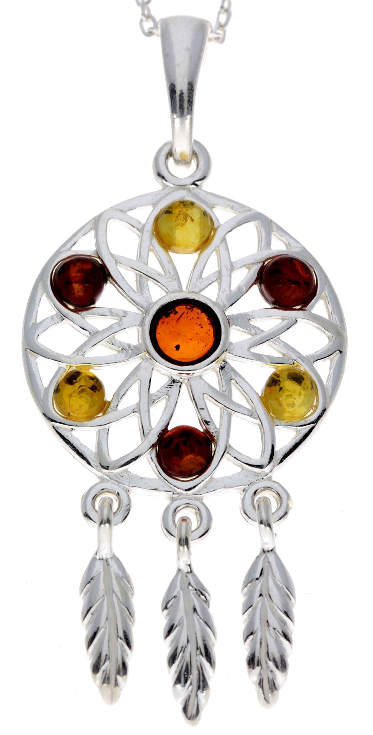 Genuine Cognac and Honey Baltic Amber & Sterling Silver Dream Catcher Pendant without Chain - GL368S