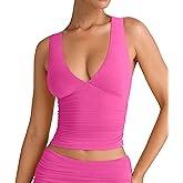 YFANG Women's Summer Deep V-Neck Ruched Crop Tank Top Sexy Sleeveless Double Lined Crop Top