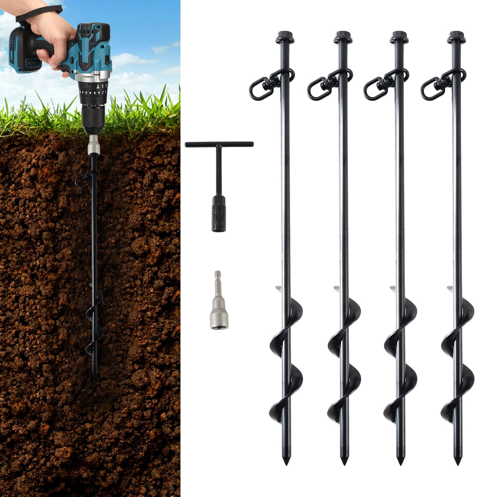 Rdutuok 4 Pcs 40CM Ground Anchors Heavy Duty Tent Stakes Trampoline Stakes Metal Ground Stakes for Camping Tents, Canopies, Swing Sets, Sheds, Trampoline