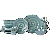 Sango 16-Piece Stoneware Dinnerware Set for 4, Glossy Blue & Green Coffee Mugs, Plates and Bowls Sets with Reactive Glaze, Ceramic Dish Set, Elegant Dishes, Microwave & Dishwasher Safe, Toren Denim
