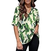 Necooer Womens Chiffon V Neck Tops and Blouses Floral Printed Sleeve Ladies Summer Workwear Shirts (Small,Y-Green)