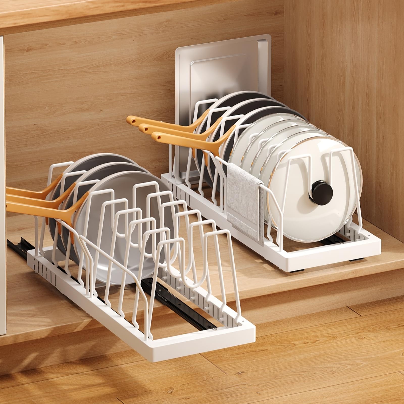 Photo 1 of ***MISSIING MOST PARTS***Mustorn 2 Pack Pots and Pans Organizer Under Cabinet, 21.6" Deep Pull Out Pot Lid Organizer Holder with Guardrail Adhesive Pot and Pan Holder Rack with 10 Adjustable Dividers(White)***MISSIING MOST PARTS***