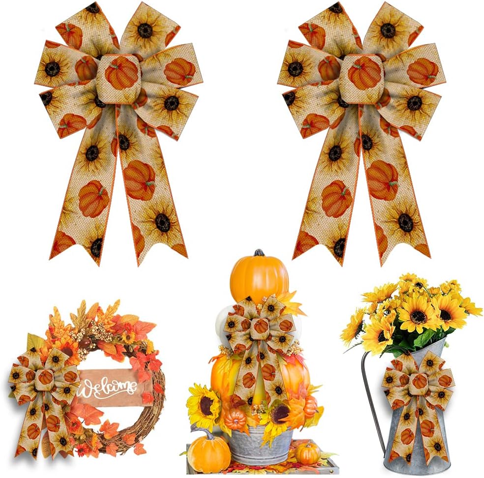 Bows & Ribbons - 2PCS Fall Bows for Wreath , Thanksgiving Harvest Orange Wreath Bows Rustic Farmhouse Bows for Front Door Wall Ornaments Pumpkin Sunflower Decorations Bows for Thanksgiving Home Indoor Outdoor Decor