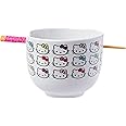 Silver Buffalo Sanrio Hello Kitty Face with Different Color Bows Pattern Ceramic Ramen Noodle Rice Bowl with Chopsticks, Microwave Safe, 20 Ounces