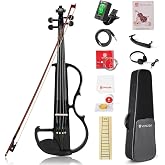 Vangoa Electric Violin 4/4 Full Size Silent Electronic Violin Fiddle, Black | Durable ebony fitting, upgraded pickup with headphone jack, solid wood, beginner Kit for adults teens quiet training practice