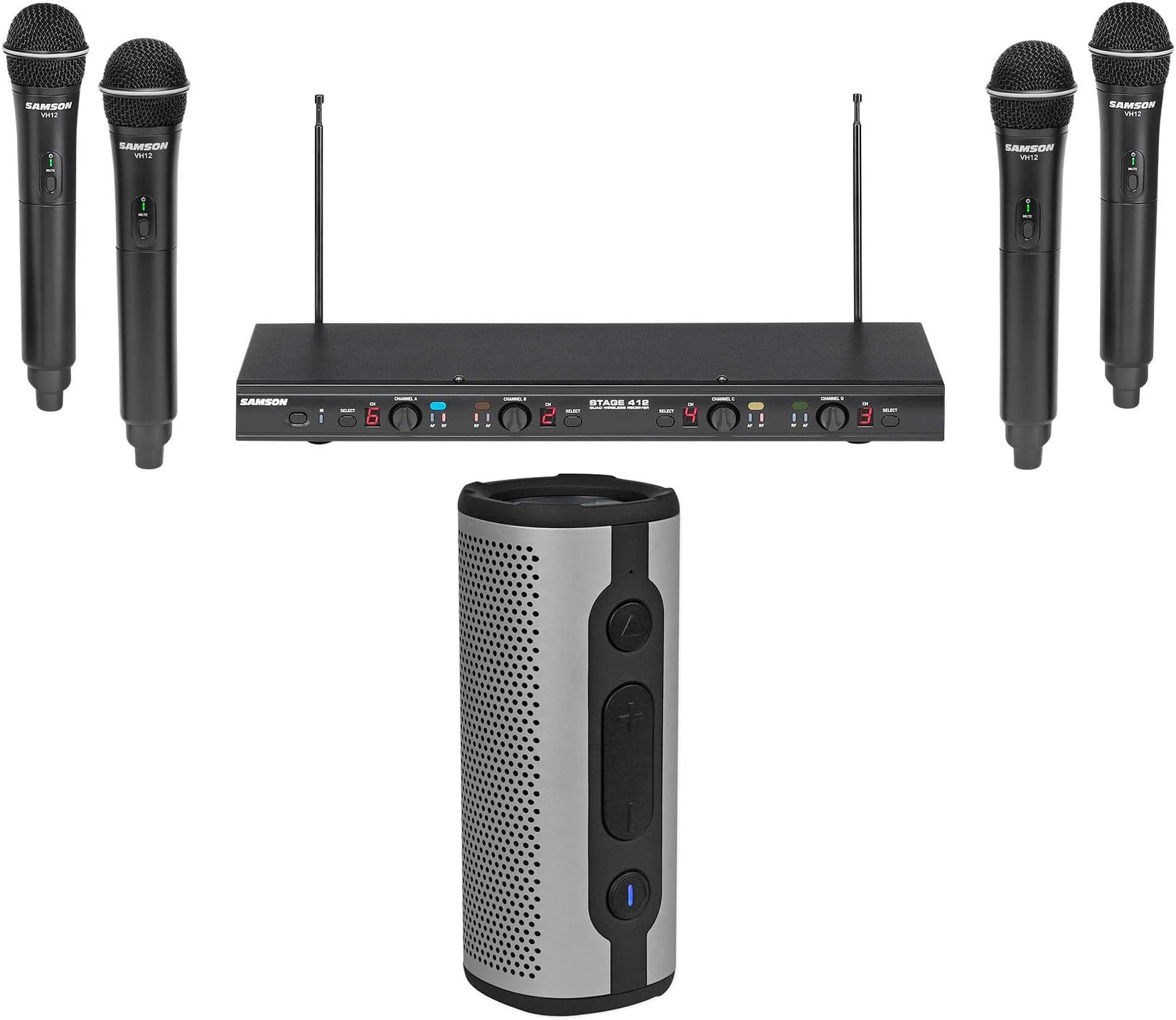 Samson Stage-412 Quad Handheld VHF Wireless Microphones+Bluetooth Speaker