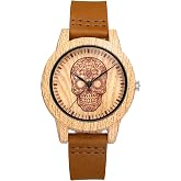 JewelryWe Skull Imitation Wood Watch: Men’s Cool Round Analog Quartz Watch Punk Leather Wristwatch for Father's Day