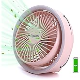 Digibond Pink Desk Fan, Small Quiet with Ambient Light/Hook Portable USB Fan 5.3in High Power 3000mAH Rechargeable Battery Operate 3 Speed 180°Rotated Easy Clean