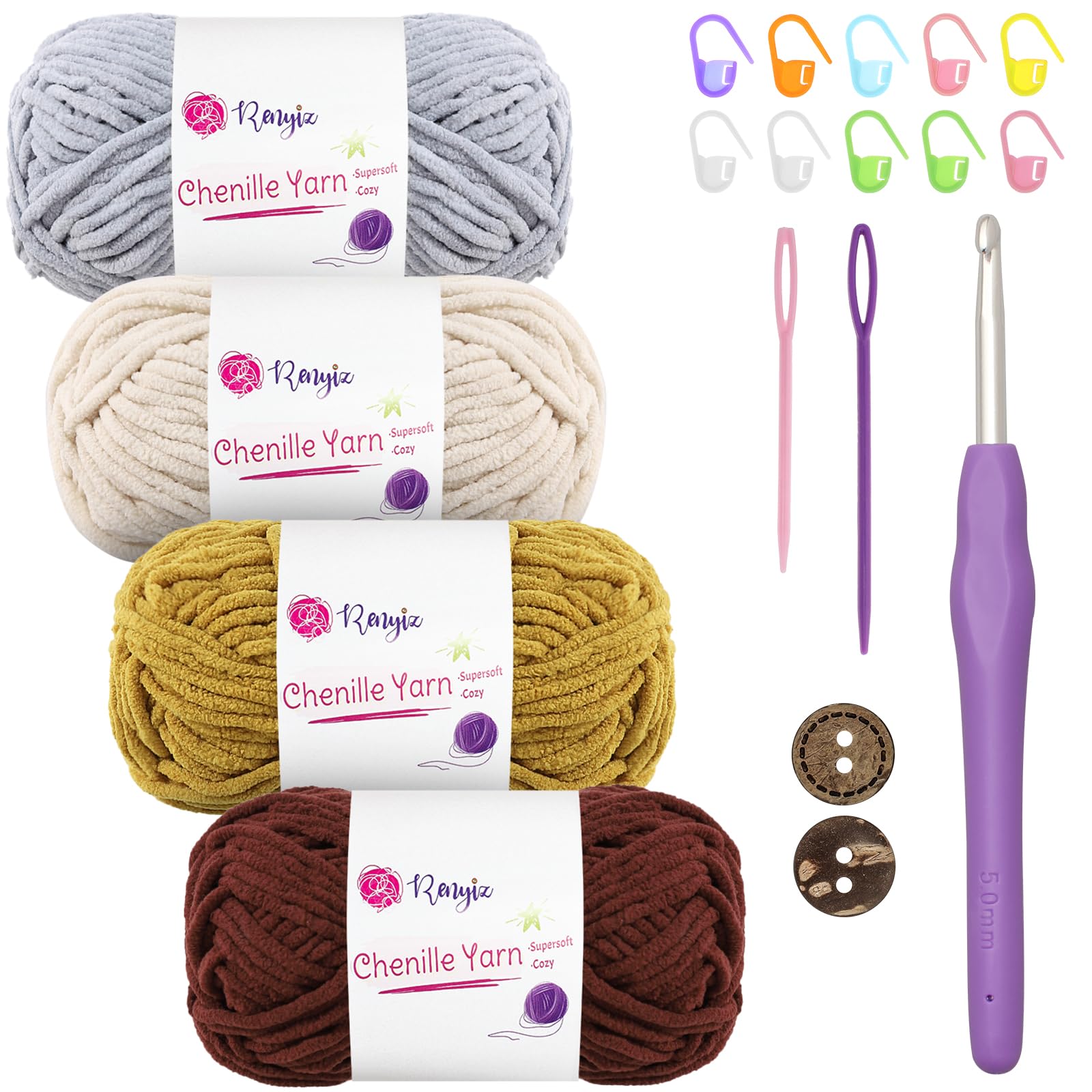 Chunky Chenille Yarn 4x50g (60m/Skein) Fluffy Knitting Wool with 5mm Hook, Ideal for Beginners - Thick Soft Crochet Yarn for Baby Blankets, Handmade Bags, Sweaters, Shoes, Hats and Scarves (Earth-4)