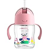 Evorie Tritan Weighted Straw Sippy Cup with Handles for Baby and Toddlers, Spill Proof Baby Water Bottle with Straw for 6 Months and up, 7 Oz, Infant Training Water Bottle (Pink Fairy Tale)