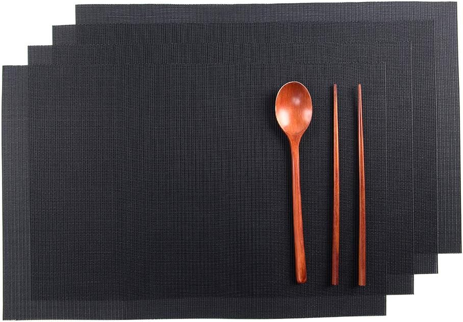 Florica Placemats Set of 4, Linen PVC Waterproof Insulation Mat for Dining Table, Heat-Resistant Placemats 12 x 18 inch (Black)