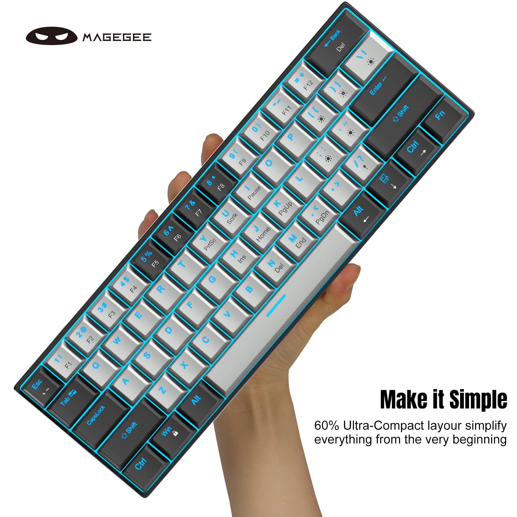 MageGee 60% Mechanical Keyboard with Blue Switches and Sea Blue Backlit Small Compact 60 Percent Keyboard Mechanical, Portable 60 Percent Gaming Key Board Gamer(Black Grey)