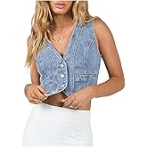 HOXIJIA Women Vintage Y2K Denim Vest Sleeveless V Neck Button Crop Jean Waistcoat Vest Retro Streetwear Going Out Tank Top