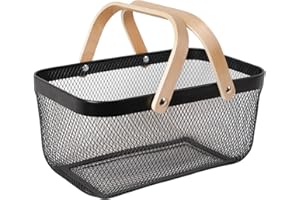 SANHSEHOME Metal Mesh Steel Basket Garden Harvest Basket for Gathering Vegetables Rectangle Wire Basket with Handle Storage Organizer Multi-functional Fruit Basket for Kitchen Garden Picnic(Ebony)