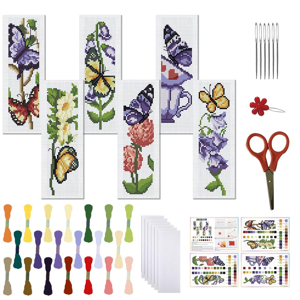 FREEBLOSS 6 Set Cross Stitch Kits with Instructions - Butterfly Pattern Cross Stitch Kit for Beginners - Bookmark Making Kit for Gift