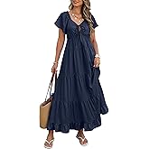 ECOWISH Womens Summer Maxi Dress 2026 Flutter Short Sleeve V Neck Tie Front Wedding Guest Vacation Tiered Flowy Dresses