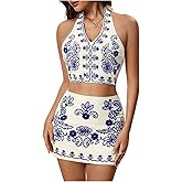 MakeMeChic Women's 2 Piece Skirt Set Cowboy Chic Halter Linen Vacation Set Floral Embroidery Outfits