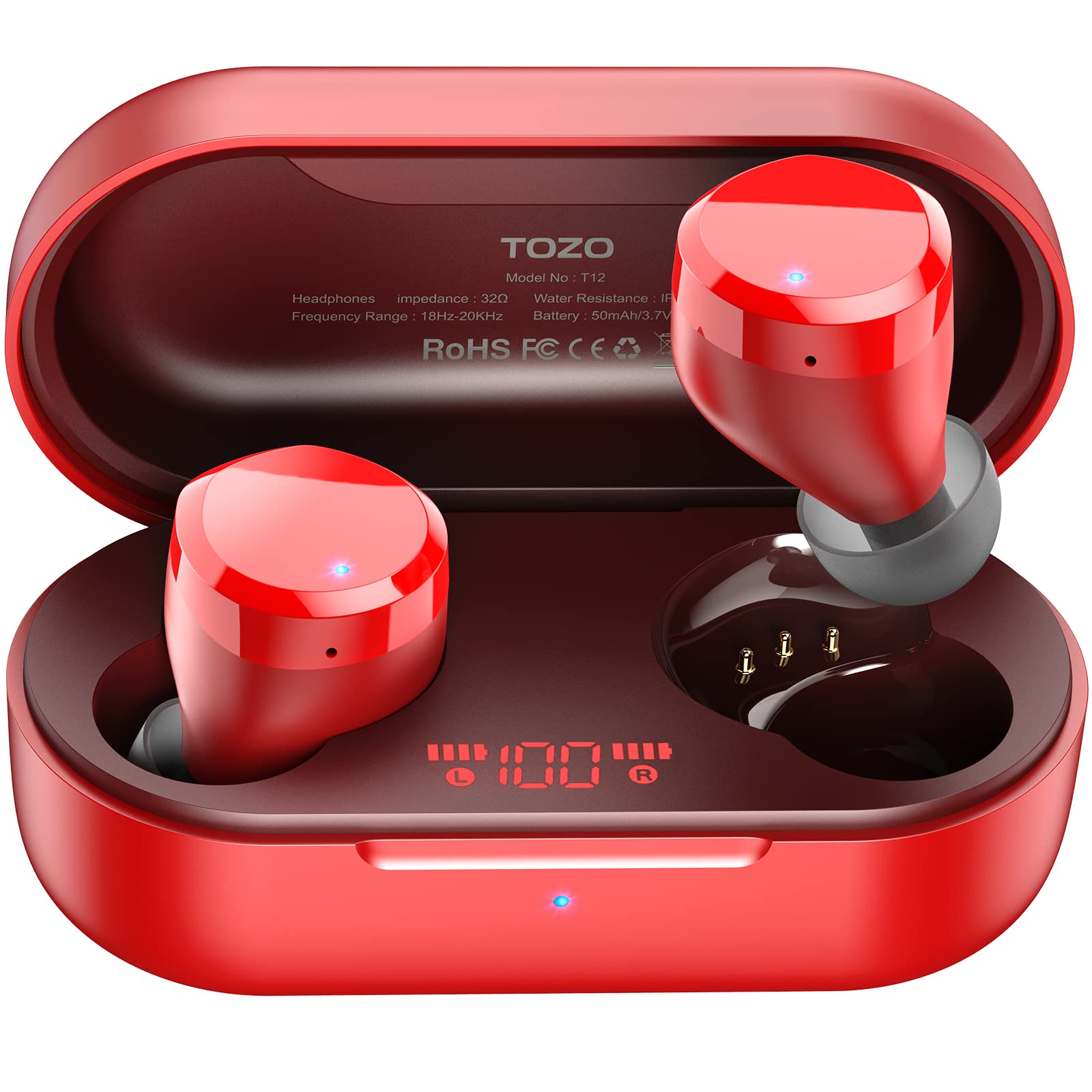 TOZO T12 Wireless Earbuds Bluetooth 5.3 Headphones Premium Sound Performance Touch Control LED Digital Display Wireless Charging Case Earphones Red