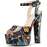 NobleOnly Platform Heels for Women Platform Sandals Chunky Heel Peep Open Toe Ankle Strap Sandals Wedding Party Prom Shoes 5.9 Inches Heels