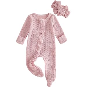 Userdefined Baby Girl Clothes Ruffle Solid Footies Infant Knit Rompers | Newborn Zip Up Jumpsuit Cute Girl Four Seasons Outfi