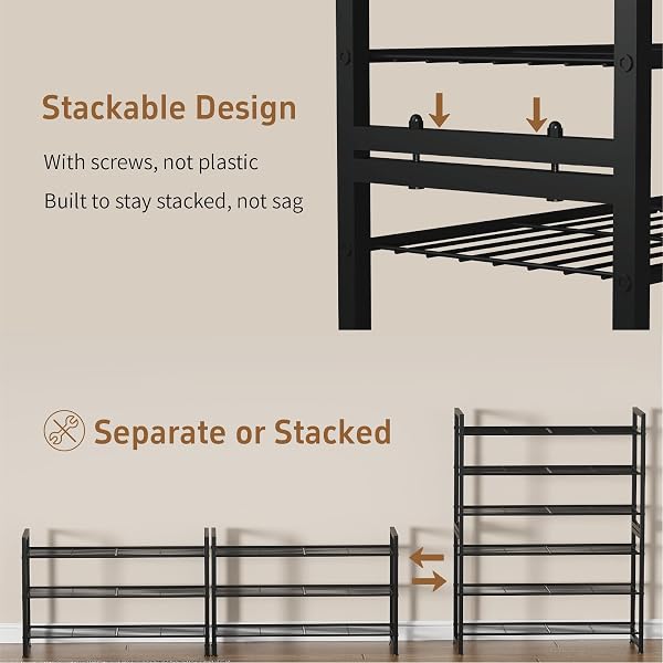 TIFFLOI STACKABLE SHOE RACK, 6 TIER METAL SHOES RACK STORAGE ORGANIZER,LARGE CAPACITY SHOE SHELF MAX HOLDS 30 PAIRS OF SHOES,STURDY AND STABLE, FOR CLOSET, ENTRYWAY,GARAGE，BLACK