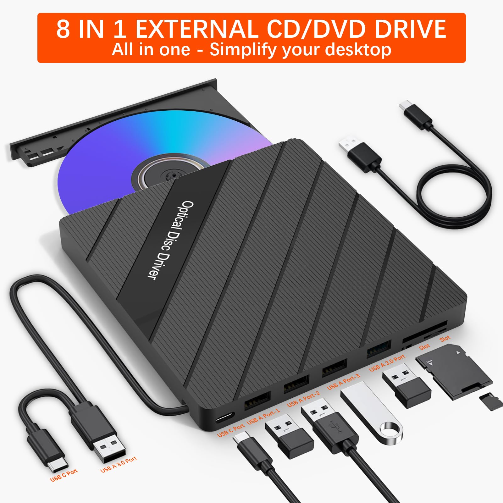 inaepeak 8 IN 1 External CD/DVD Drive for Laptop, USB 3.0 Portable External CD Burner Reader Writer with 4 USB Ports/2 TF SD Card Slots/1 USB Type C Port, Disc Drive for Laptop/PC/Mac/Windows/Linux/OS