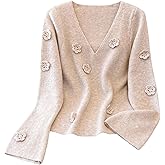 SHENHE Women's V Neck Fitted Sweater 3D Crochet Flower Knitted Dressy Fall Sweater Pullover