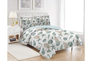 OLIVEN 3 Pieces Beach Shell Bedspread Twin Size Ocean Theme Seashell Conch Summer Quilt Lightweight Thin Reversible Conch Shell Hippocampus Starfish Coral Printed Coverlet Set Coastal Bedding-Blue White