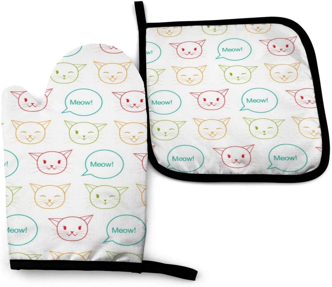 BUYYET Meow！Cute Cat Oven Mitt and Pot Holder Heavy Duty