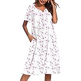 Ekouaer Nightgowns for Women Cotton Nightgown House Dress with Pockets Short Sleeve Mumu Dress Embroidered Lounge Dress