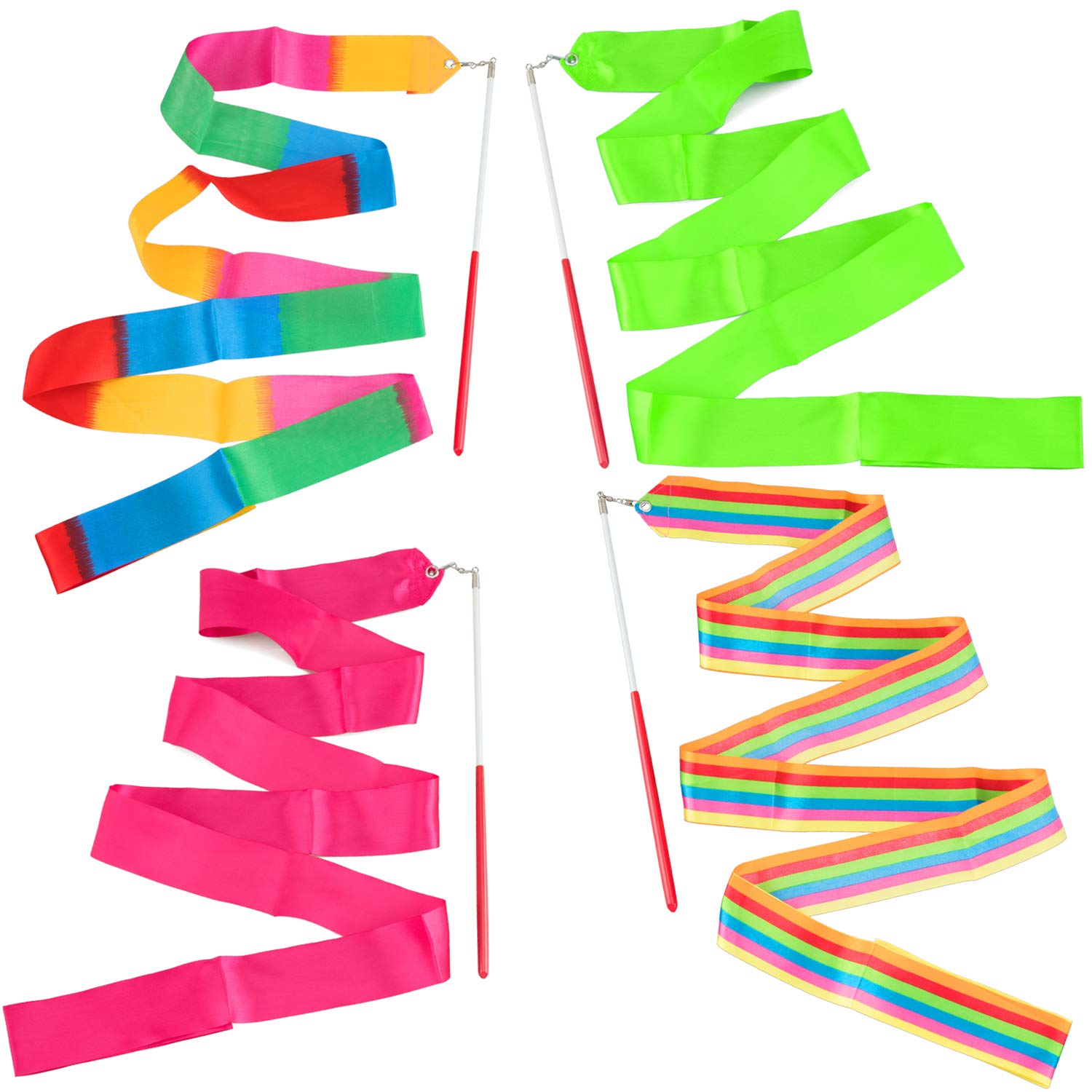 ANCIRS 4 Pack 2-Meter/ 78.7inch (6.56 ft) Dance Ribbons, Rainbow Streamers Rhythmic Gymnastics Ribbon, Baton Twirling Wands on Sticks