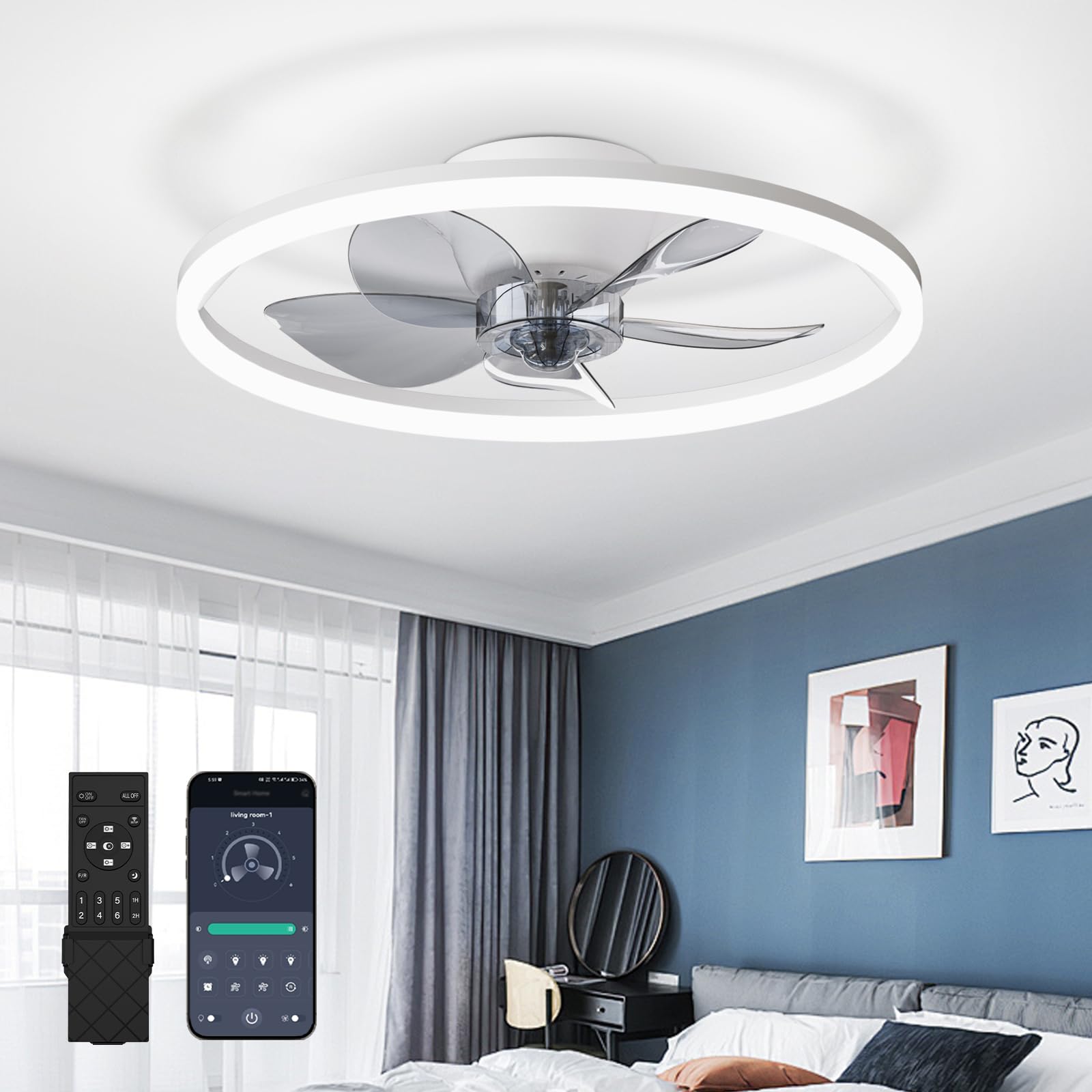Photo 1 of 19.7'' Low Profile Ceiling Fans with Lights Flush Mount, Modern LED Ceiling Fans App and Remote Control, 6 Speeds Ceiling Fan with Smart Stepless LED Light for Bedroom Kitchen Dining Room-White