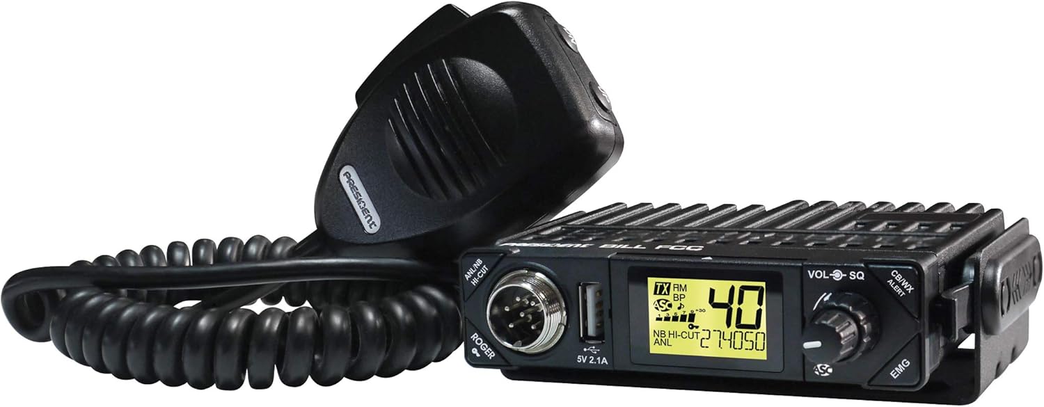 President Electronics BILL CB Radio, 40 Channels AM, 12 Volts, USB 5V/2.1A, Up/Down Channel Selector, Volume Adjustment and ON/OFF, Manual Squelch and ASC, Multi-functions LCD Display, S-meter: Electronics