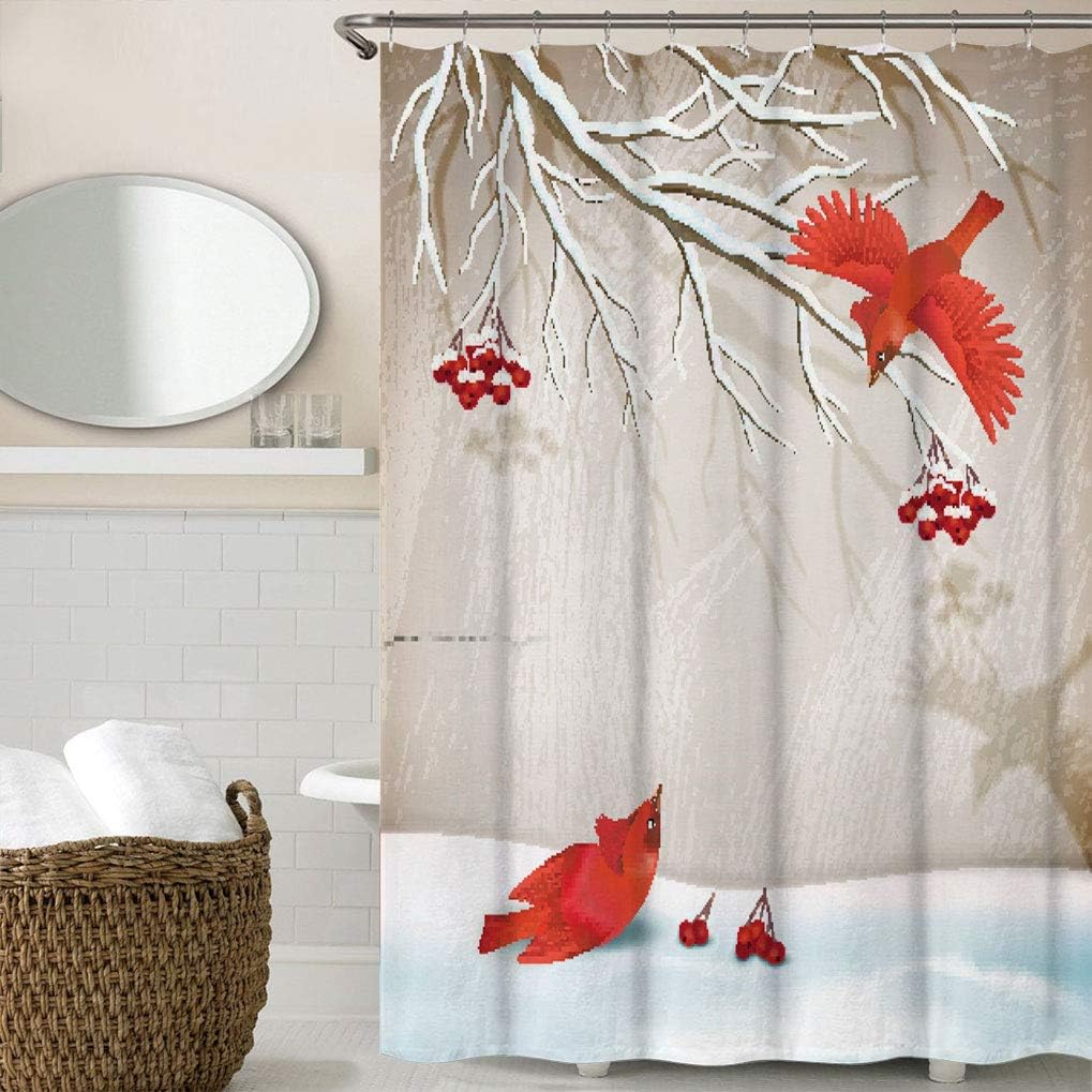 Birds Decor Fabric Shower Curtain, Winter Landscape with