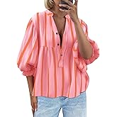 Tankaneo Womens Puff Sleeve Babydoll Tops Summer V Neck Striped Blouse Cute Casual Loose Fit Flowy Shirts