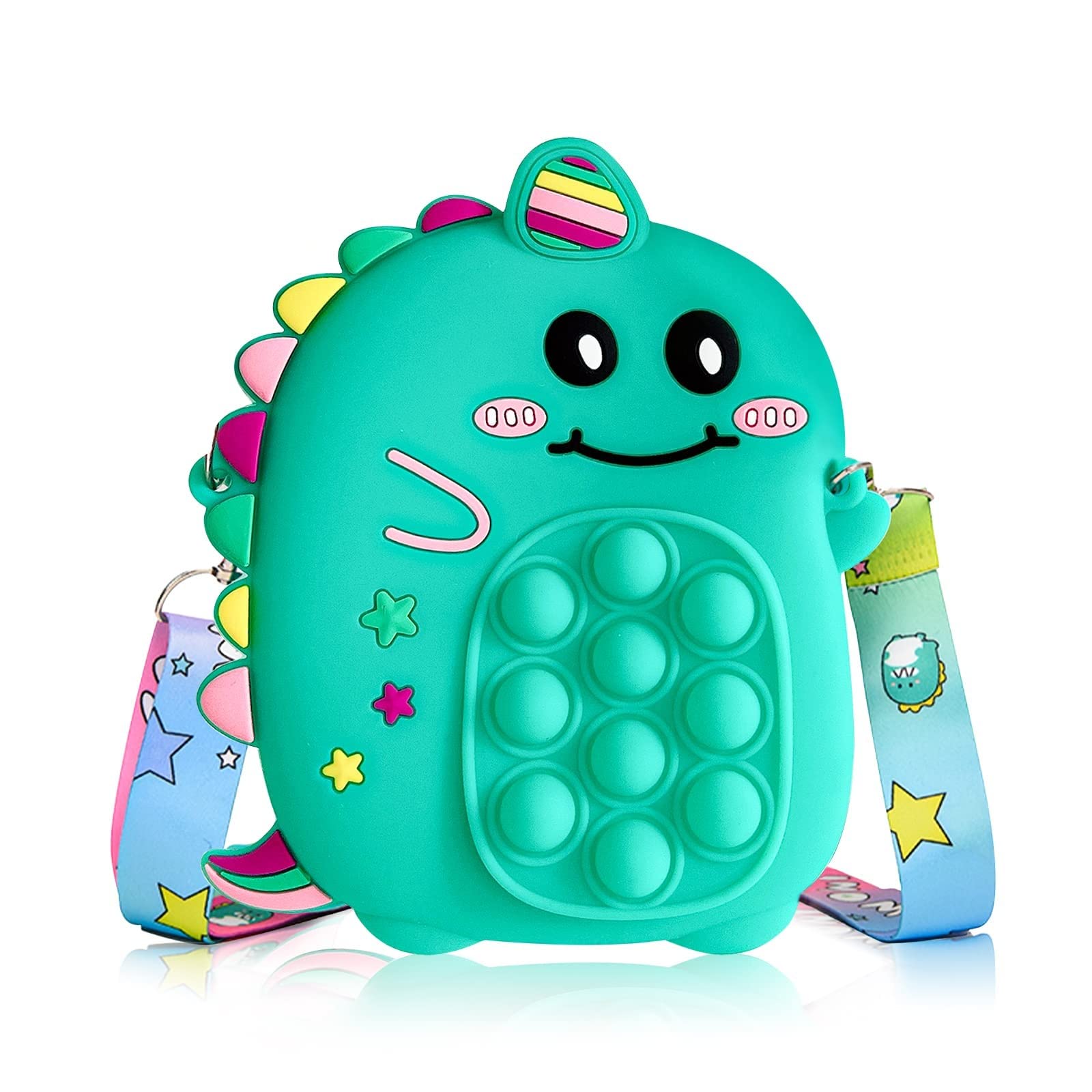 Ariel-gxr Pop Bag It Fidget Dinosaur Pop Purse, Silicone Push Bubble Sensory Toy Handbag for Boys and Girls With Adjustable Shoulder Straps (Green)