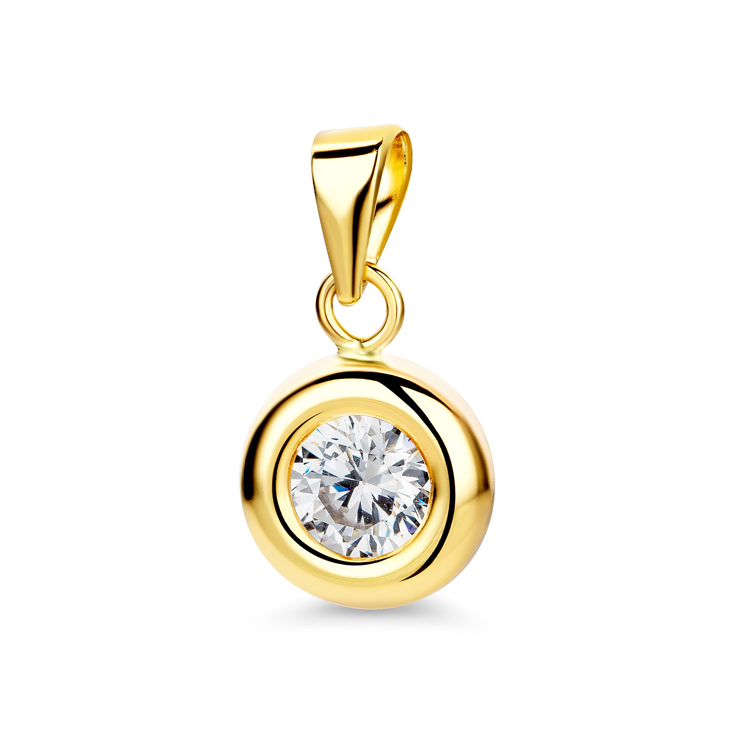OROVI Round Yellow Gold Pendant for Women with a Cubic Zirconia in 9 Carat Gold, Hypoallergenic Pendant - Handmade pendant with jewellery box